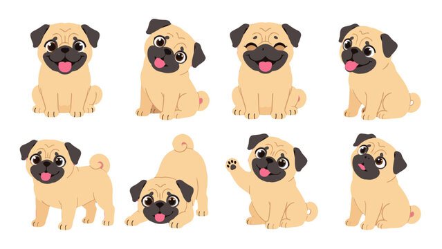 Set of cute pug dog cartoon characters in different poses