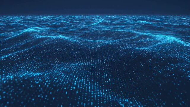Glowing blue dot grid waves over a digital ocean surface