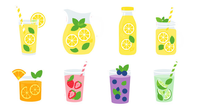 Set of colorful fruit drinks in glasses, bottle, and pitcher