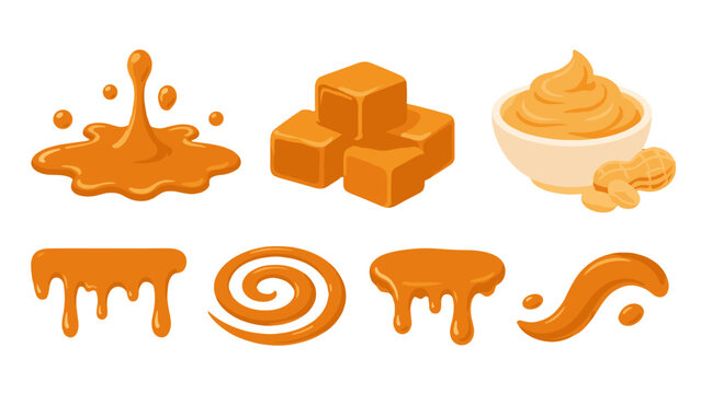 Peanut butter drips, splash, cubes, and bowl vector set