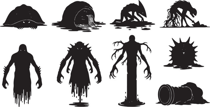 Collection of black silhouettes featuring toxic monsters, industrial waste pipes, and mutated creatures. Includes dripping horror entities, spiked beings, and environmental icons.