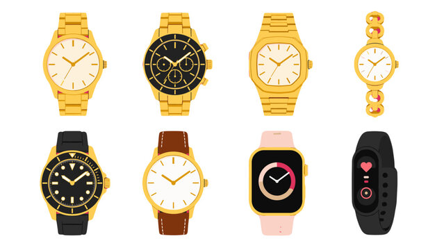 Collection of gold wristwatches smart watch and fitness band