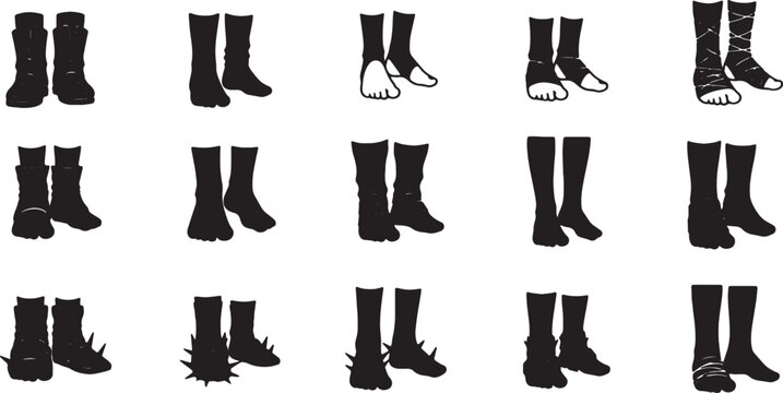 Collection of 15 black silhouette icons depicting various footwear styles including boots, tabi socks, gladiator sandals, spiked fantasy shoes, and protective foot wraps on a white background.