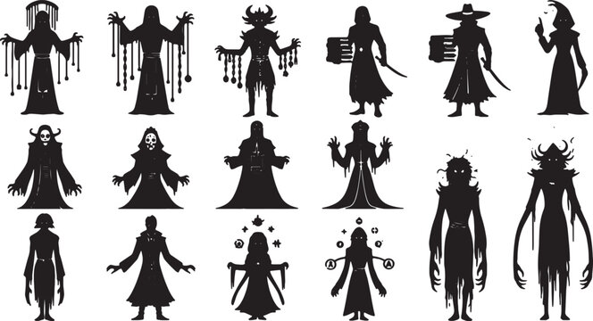 Collection of black fantasy silhouettes featuring hooded cultists, necromancers, dark wizards, and demonic figures in various poses for RPG game design on white background.