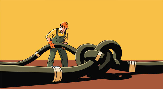 Worker untangles thick pipe knot on brown ground