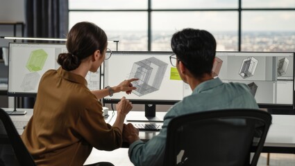Obraz premium Two designers collaborating on detailed 3D CAD wireframe model analysis