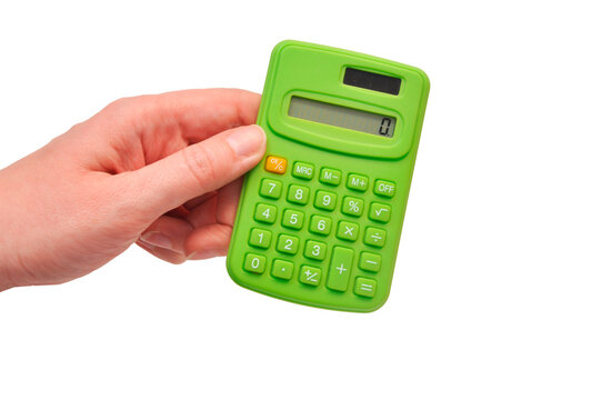 Hand Holding Green Calculator Isolated on White Background, Finance and Accounting Concept