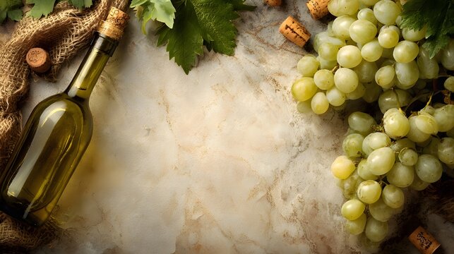 wine list background; sweet white grapes and wine bottle 