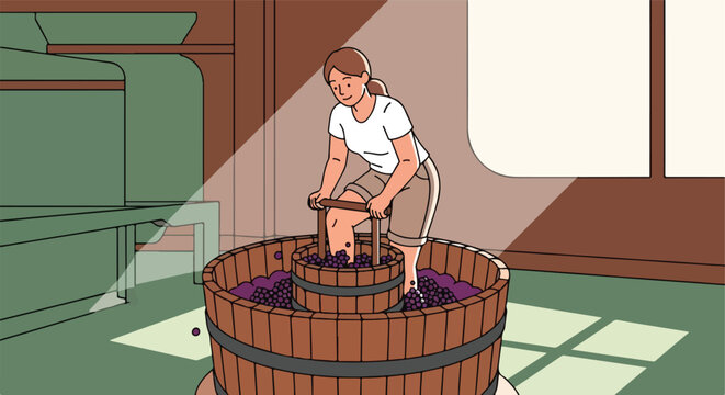 Person stomping grapes in a wooden vat