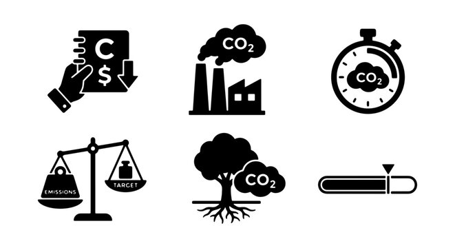 Carbon Footprint Icons: CO2 Emissions, Industry, Nature, Economy, Measurement, Progress