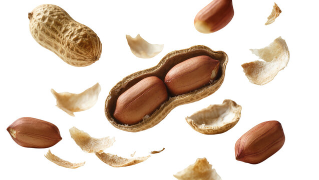 Isolated whole and cracked peanuts with edible kernels and textured shell fragments