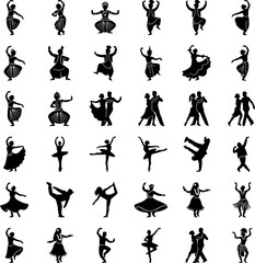 Fototapeta premium Detailed grid of forty eight unique dancing silhouettes covering global traditions and modern styles suitable for decorative patterns and infographic visual elements.