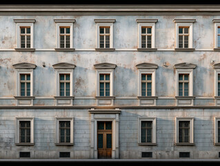 Obraz premium Symmetrical facade of an old European classical building with weathered walls and vintage windows