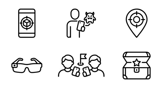Augmented Reality Icons: AR Mobile Game, Smart Glasses, Treasure Chest, Location Target, Digital Monster