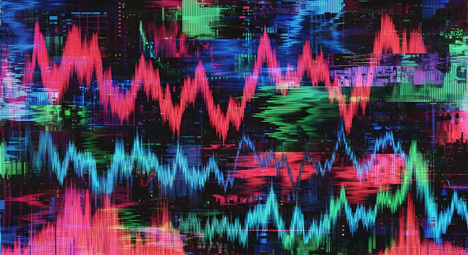 Abstract digital glitch background with colorful waveform patterns and data interference