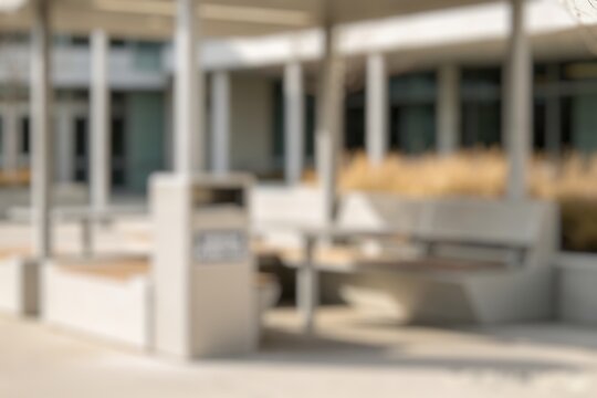 Blurred outdoor smoking area with seating space in a modern public facility.