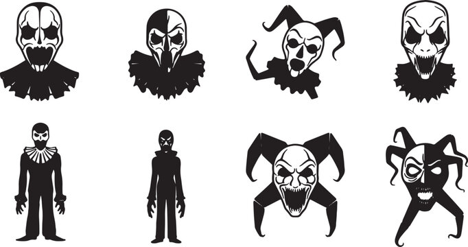 Set of eight horror clown and evil jester silhouette illustrations featuring scary masks, creepy circus performers, and macabre skull-faced characters for Halloween graphic designs.