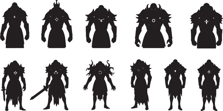 Collection of black silhouettes featuring fantasy warriors, armored knights, and monstrous figures with unique chest symbols and weapons, isolated on a white background.