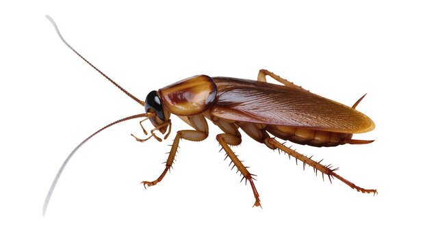 Isolated single brown American cockroach, common insect pest with antennae and spiky legs