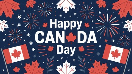 Obraz premium Happy Canada Day celebration card with fireworks, maple leaves and flags on dark blue background