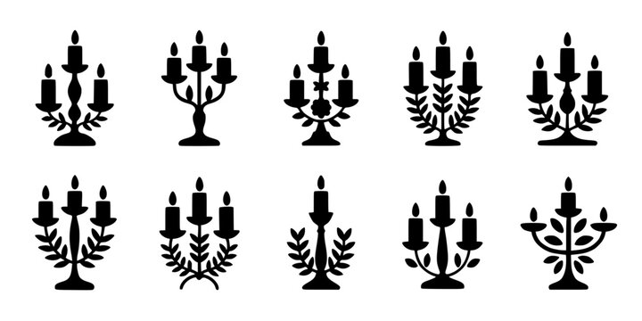 Candle Holder Icons Set in Black Silhouette Style with Varied Branches and Simple Worship D&eacute;cor Design for Holiday and Religion Use