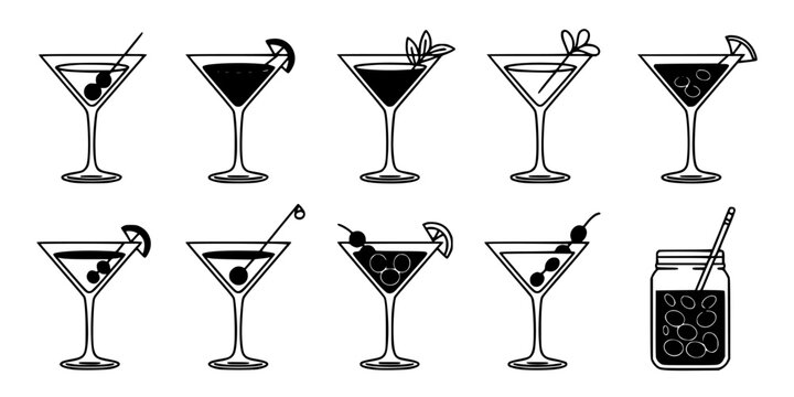 Cocktail Icon Set with Martini Glasses and Beverage Symbols, Minimalist Black Line Art on Transparent Background