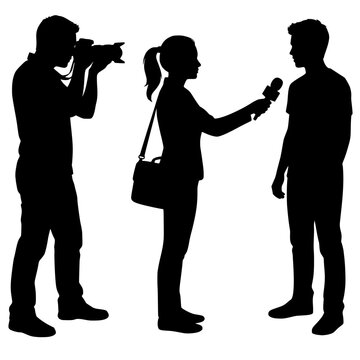 Minimalist vector silhouette of a journalist interviewing a man while a photographer takes photos.