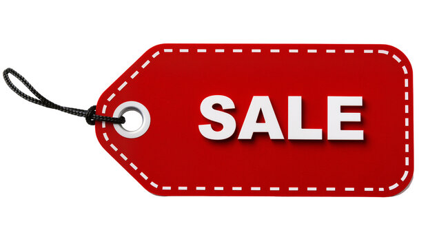 Isolated red sale price tag with black string for retail promotions and advertising
