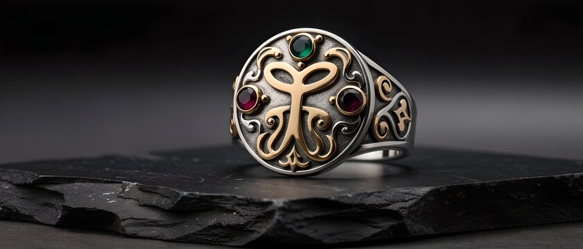 The Arcane Sigil Ring: Silver & Gold Mystic Seal with Gem Accents