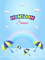 Obraz premium Monsoon Season sale banner, poster, web header or social media creative for promotional or advertising, Vector Illustration or umbrella, rainbow, clouds and water drops.