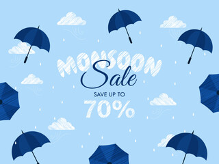 Obraz premium Monsoon Season sale banner, poster, web header or social media creative for promotional or advertising, Vector Illustration or umbrella, rainbow, clouds and water drops.