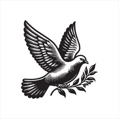 Naklejka premium Detailed black and white illustration of a flying dove holding a symbolic olive branch. Peace and hope design concept