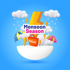 Obraz premium Monsoon Season sale banner, poster, web header or social media creative for promotional or advertising, Vector Illustration or umbrella, rainbow, clouds and water drops.