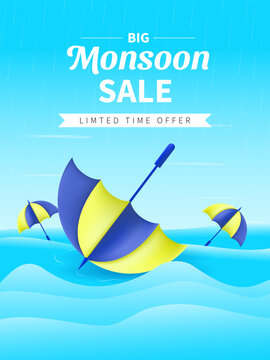 Monsoon Season sale banner, poster, web header or social media creative for promotional or advertising, Vector Illustration or umbrella, rainbow, clouds and water drops.