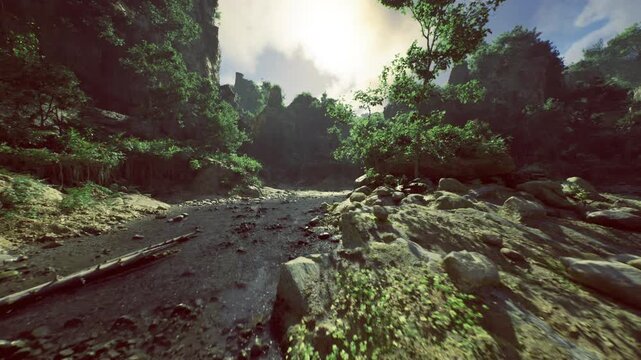 sunlit jungle stream with mossy rocks and clear shallow pools, bright highlights on wet stone and dappled light through canopy, calm reflective water and lush
