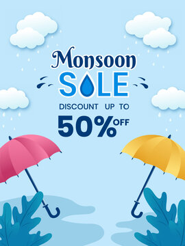 Monsoon Season sale banner, poster, web header or social media creative for promotional or advertising, Vector Illustration or umbrella, rainbow, clouds and water drops.