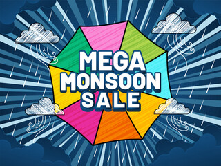 Obraz premium Monsoon Season sale banner, poster, web header or social media creative for promotional or advertising, Vector Illustration or umbrella, rainbow, clouds and water drops.