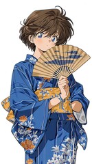 Obraz premium City Pop Traveler in Yukata, vibrant illustration of a tourist dressed in traditional attire, holding a folding fan, representing Japanese culture and travel experiences in a clean studio style.