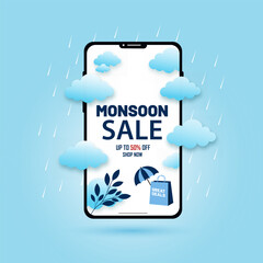Obraz premium Monsoon Season sale banner, poster, web header or social media creative for promotional or advertising, Vector Illustration or umbrella, rainbow, clouds and water drops.