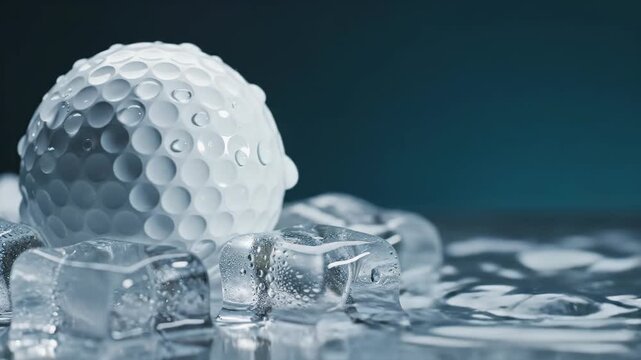 White golf ball resting among melting ice cubes with splashing water drops. Sports equipment cool refreshment concept. Macro studio sequence on dark blue background