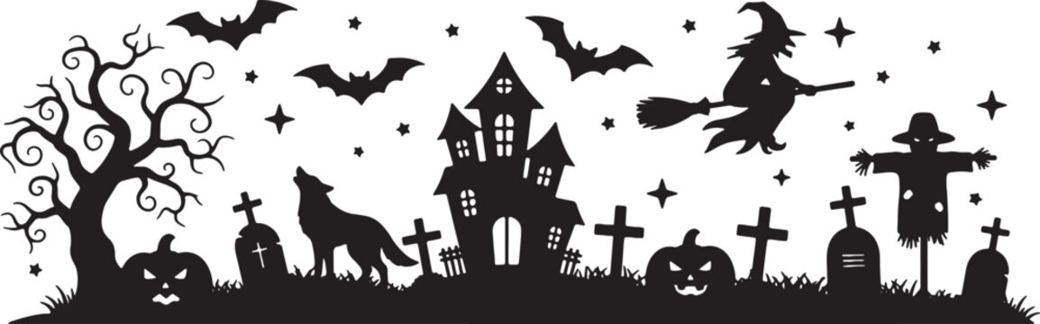 Halloween silhouette illustration with haunted house, flying witch on broomstick, bats, spooky dead tree, graveyard tombstones, jack-o-lantern pumpkins, howling wolf, and scarecrow.