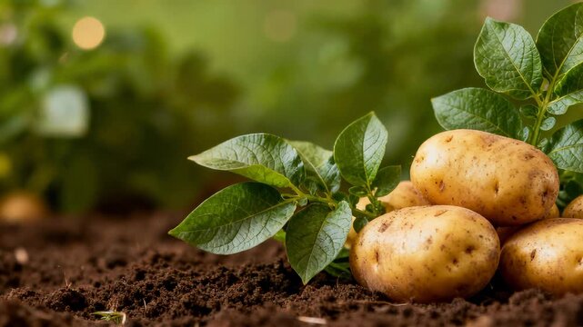Fresh potato tubers with green leaves lying on fertile dark soil in a field, close-up shot.