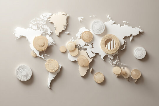Minimalist 3D paper cut world map in neutral beige and blue tones, global trade routes concept, 뉴트럴 베이지와 블루 톤의 미니멀한 3D 페이퍼 컷 세계 지도, 글로벌 무역 항로 개념