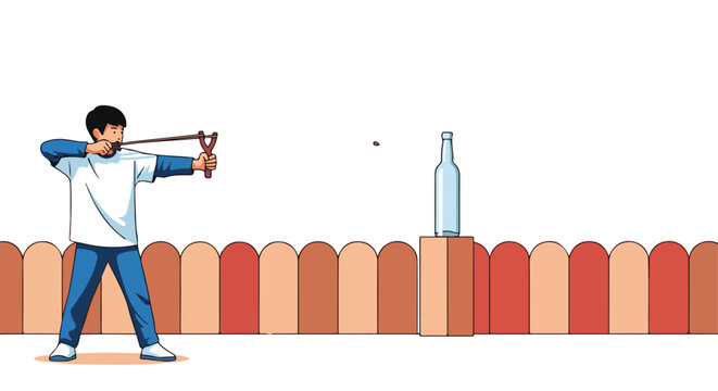 Person aiming a slingshot at a bottle