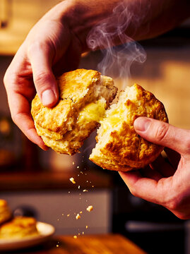 Hands breaking a hot biscuit with melted butter inside on a kitchen table