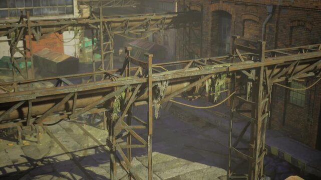 rusted wooden catwalk crossing open yard, sagging planks and frayed rope, exposed scaffolding and harsh shadows creating tense industrial mood.