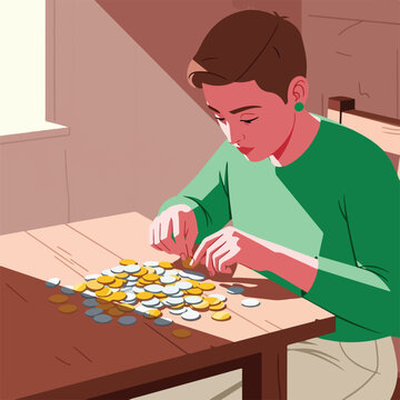 Person counting coins on a table