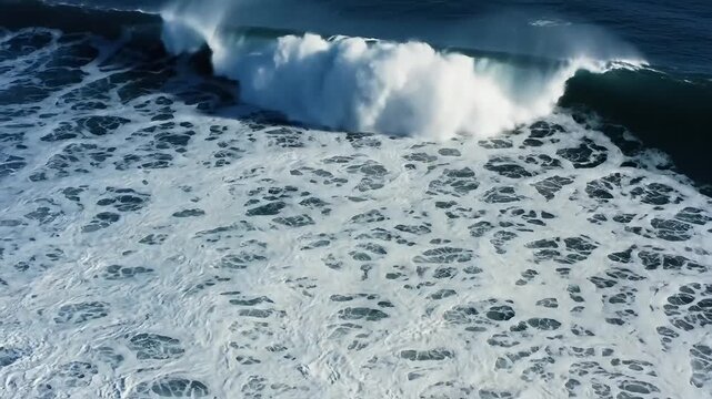 Powerful ocean wave crashing with white foam and spray under a bright sky