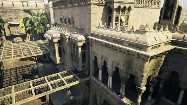 shadowed marble arcade with deep balconies and layered walkways, moody atmosphere evokes film scout scouting historic set and architectural study of ornate