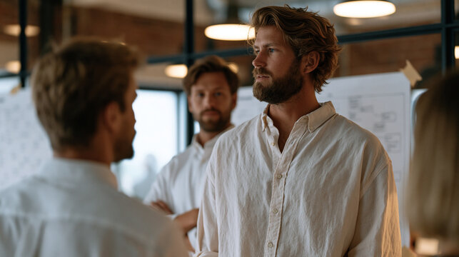 Fintech compliance startup team gathered around printed regtech workflow map taped to glass wall, legal and engineering staff debating automation boundary together, regulatory